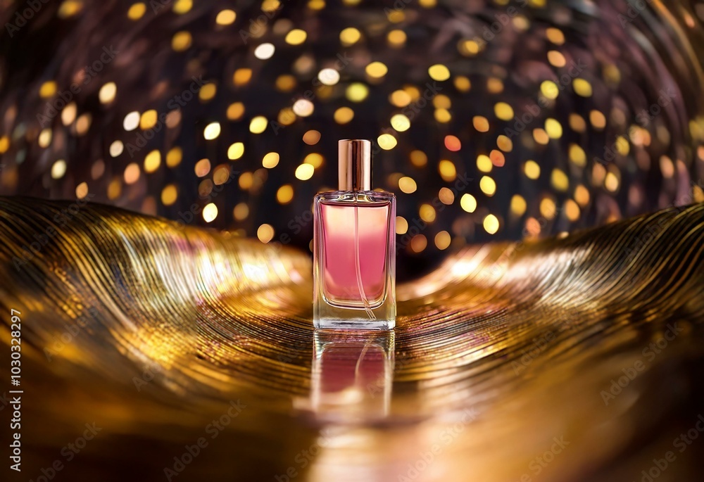 Aufkleber A single perfume bottle with a pink liquid sits on a golden wavy surface with a blurred background of golden lights.