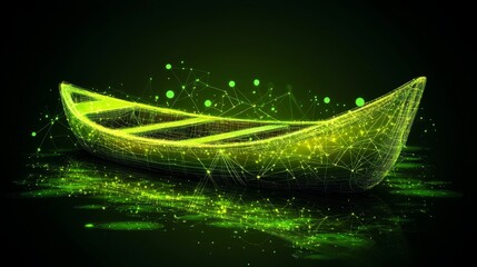 Neon Green Glowing Polygonal Mesh Row Boat Floating on Water, Technology and Innovation Concept.