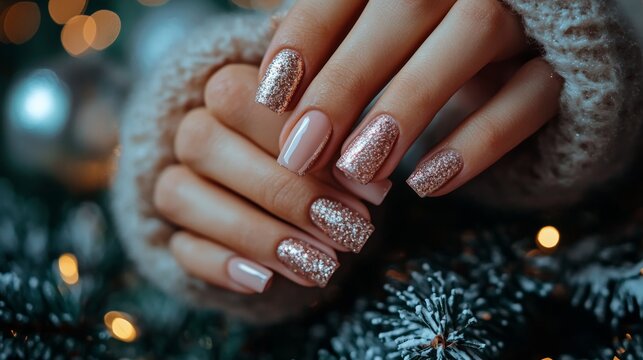 Close up of festive holiday nail art  elegant christmas manicure with gel polish on square nails