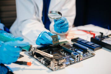 The technician is putting the CPU on the socket of the computer motherboard. electronic engineering...