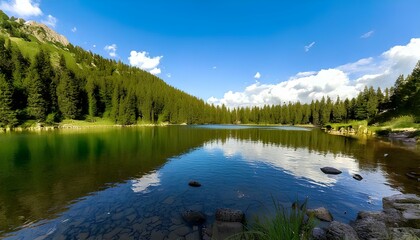 Fototapeta premium close view of a mountain lake against a beautiful sky with reflection on the water and forest and rocks, landscape