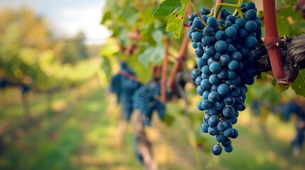 Naklejka premium Autumn Harvest: Vibrant Blue Vine Grapes for Crafting Exquisite Red Wine in Hungary's Delightful Vin