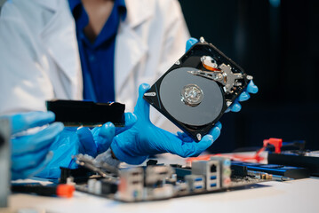 Naklejka premium Showcasing expert computer hardware assembly and hard drive installation with precision