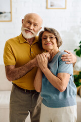 A loving senior couple enjoys a heartfelt moment at home, supporting each other through diabetes.