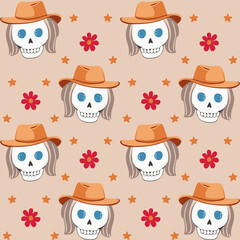 Western cowgirl skull ghost and flower seamless pattern retro style. Funny ghost skull wearing cowboy hat repeat background for fabric, wrapping paper, textile, wallpaper and craft.