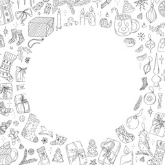 Merry Christmas doodle circle composition. Hand drawing festive vector illustration. Empty copy space. Christmas postcard with black and white doodle drawings. Holiday greetings