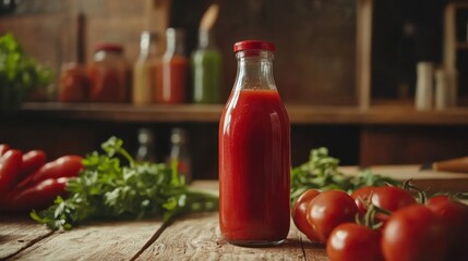 Freshly bottled tomato sauce with ripe tomatoes on a rustic wooden table in a cozy kitchen setting