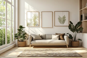 Fototapeta premium scandinavian interior design, a simple scandinavian living room with light wood floors, white walls, a gray sofa, and a patterned rug, creating a cozy sunlit space