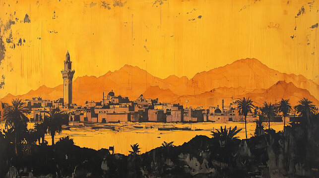 Al Hudaydah, classic traditional wood block print effect. Woodblock printing. Graphic designed, illustration for travel poster, card, wallpaper, backdrop or banner. Modern, trendy
