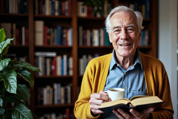 Elderly man with a cup of coffee standing in a library surrounded by books smiling 