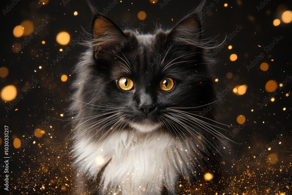 Poster long haired black and white cat surrounded by soft glowing bokeh lights gazing intensely ahead creat