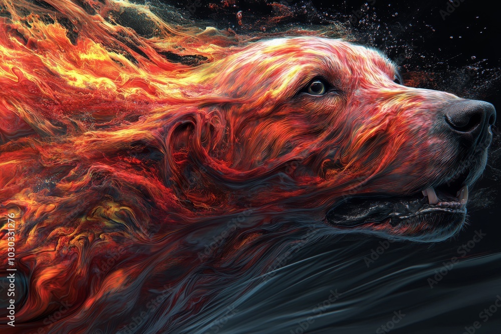 Poster fiery abstract depiction of a golden retrievers face with blazing red and orange flames in a surreal