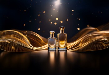 Two glass perfume bottles with gold accents sit on a dark surface with an abstract golden wave behind them. The bottles are illuminated by a spotlight above, creating a warm and inviting atmosphere.