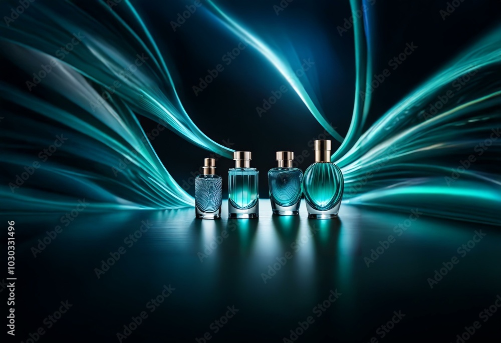 Aufkleber Three perfume bottles sit in a row in front of an abstract blue light.