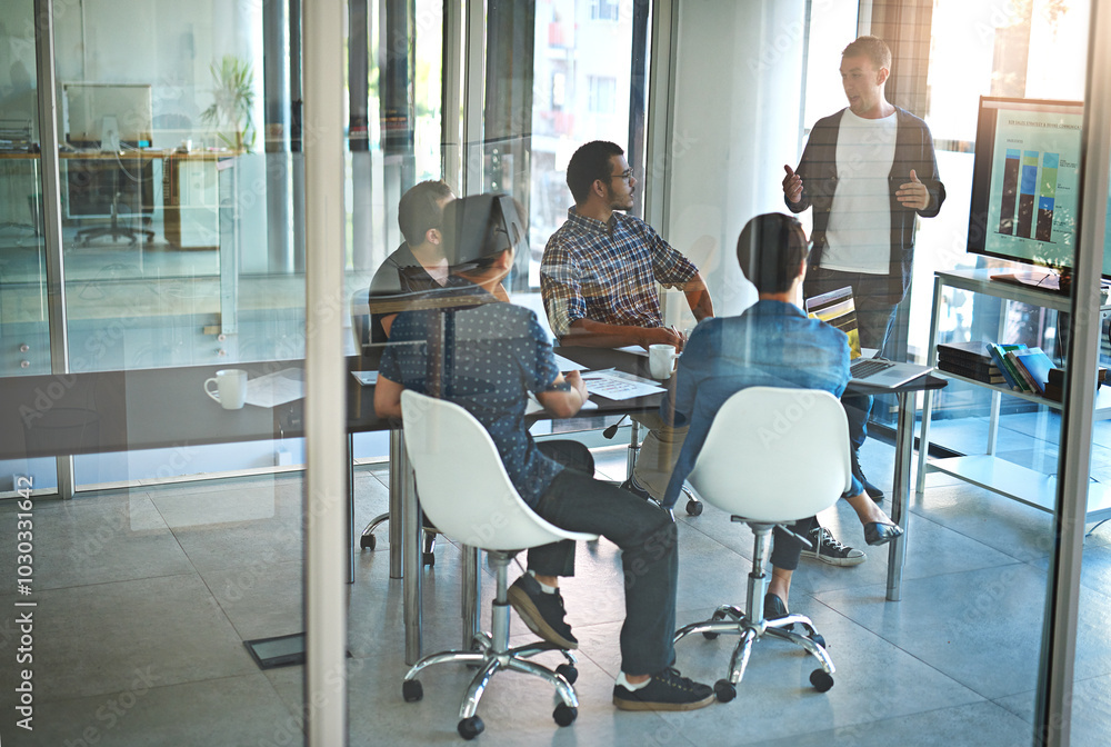 Aufkleber business people, presentation and screen in office for app innovation, software or machine learning.
