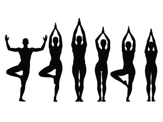 Silhouette of person in various yoga poses.