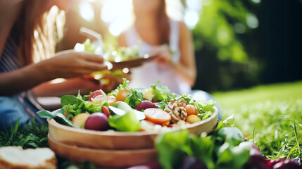 A middle-aged couple enjoys a vibrant salad outdoors, basking in sunlight and the tranquility of nature.