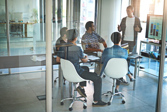 Business people, presentation and screen in office for app innovation, software or machine learning. Developer, speaker and monitor in workplace for sustainable technology, investor and funding pitch