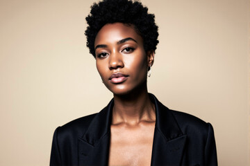 Obraz premium Studio portrait of an attractive woman with short afro hair wearing a black blazer