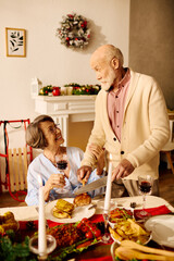 A senior couple enjoys laughter and wine during their cozy Christmas dinner at home.
