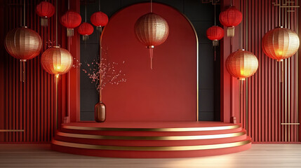 3D render red Chinese style festive product booth background