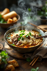 Vietnamese table with pho soup and crispy spring rolls on a rustic wooden surface