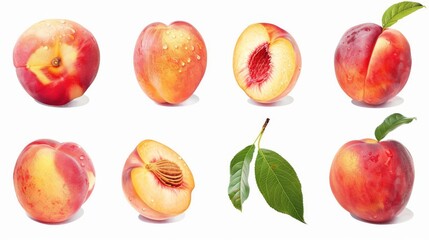 set of peaches with green leaves on white background