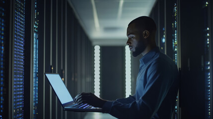 A computer engineer working on a laptop, with a server room and data center as the background. The scene emphasizes digital technology, database management, IT support, telecommunications, and interne