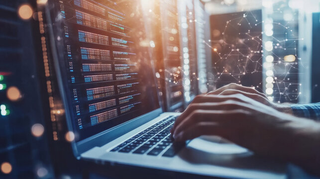 A computer engineer working on a laptop, with a server room and data center as the background. The scene emphasizes digital technology, database management, IT support, telecommunications, and interne