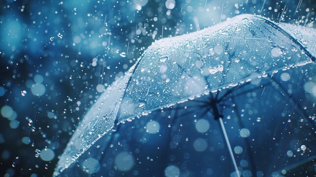 Transparent umbrella under rain, showcasing droplets on the surface.