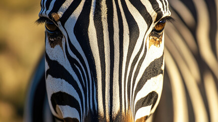A close-up of a zebras face, showing the intricate black and white stripes and its soulful eyes, set against the rugged terrain of South Africa.