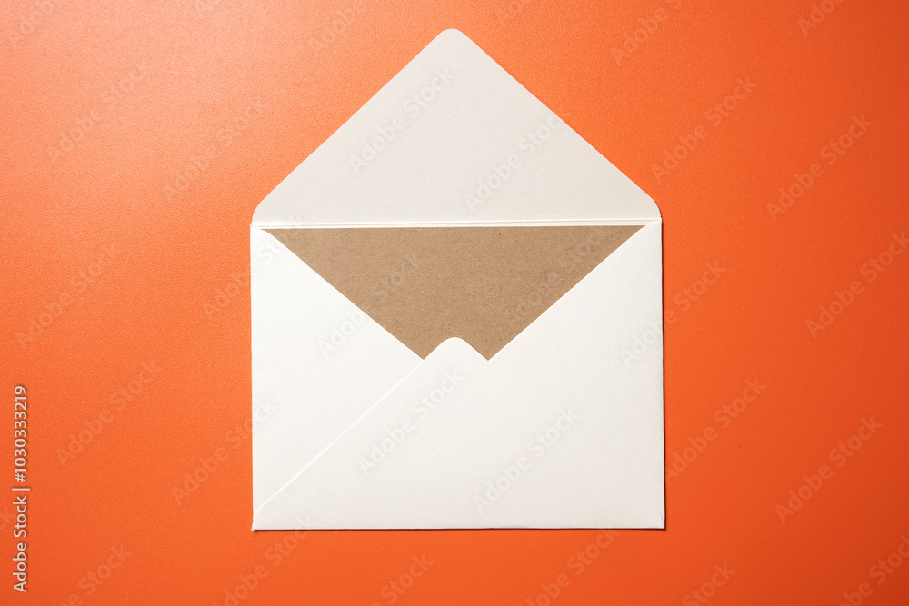 Poster top view of white envelope and postcard with empty blank brown card on colored background