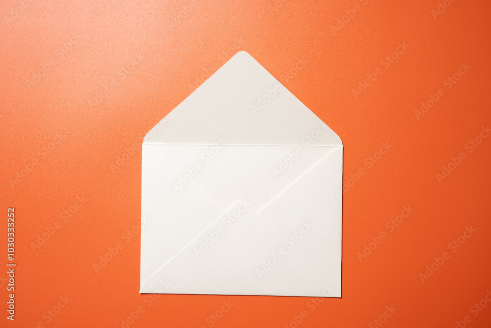 Poster top view of empty blank white envelope and postcard on colored background