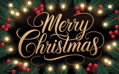 Merry Christmas Greeting Card with Pine Branches and Lights.