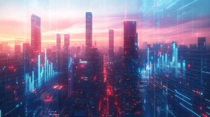 Fototapeta premium Financial economy Stock market data chart screen and city high-rise skyline