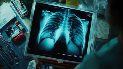 Doctor carefully examines X-ray film of patient's lungs, identifying COVID-19 complications, with medical instruments and charts in the background.