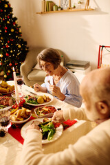 A senior couple shares a delightful Christmas meal filled with love and festive cheer together.