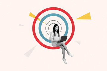 Creative collage young cheerful woman remote worker laptop freelancer achieve target goal aim target inspiration career promotion