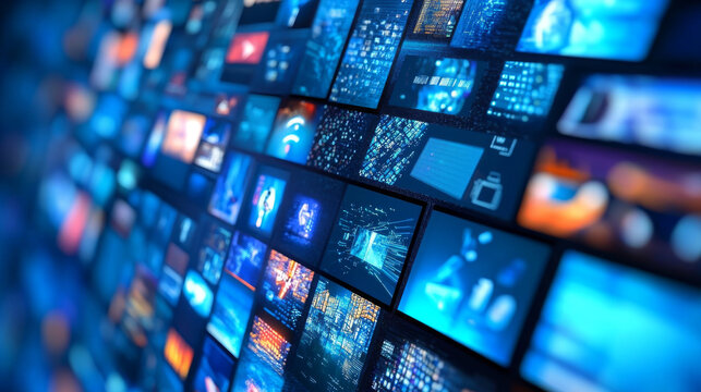 Blogging and streaming concept: Multiple digital lifestyle screens displaying various content, set against an abstract blue background. This design highlights the dynamic and interconnected world of o