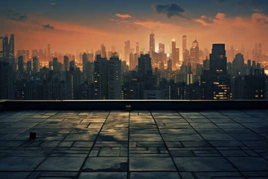 Fototapeta Concrete skyscraper roof top floor foreground city architecture cityscape.
