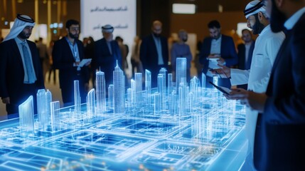 Several men in suits and traditional clothing are standing around a large table that features a digital model of a city. They are looking at the model, some of them holding tablets