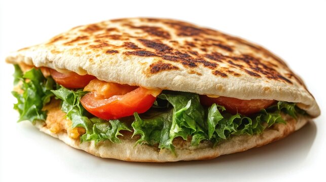 Delicious homemade flatbread sandwich filled with fresh greens and ripe tomatoes, perfect for a light lunch or snack on a sunny afternoon