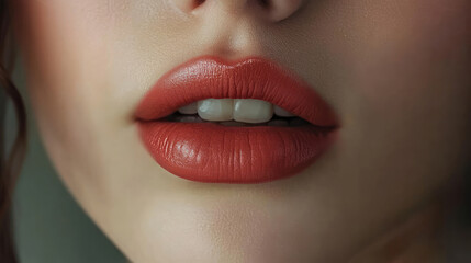 Obraz premium A close-up of a young woman's lips with lipstick