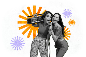Composite photo collage of two happy girls sing mic boombox party occasion retro event karaoke...