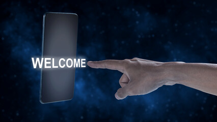 Human hand pointing a mobile phone with word 