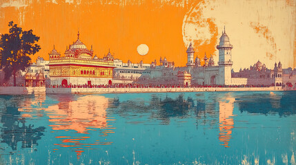 Amritsar, India, classic traditional wood block print effect. Woodblock printing. Graphic designed, illustration for travel poster, card, wallpaper, backdrop or banner. Modern, trendy