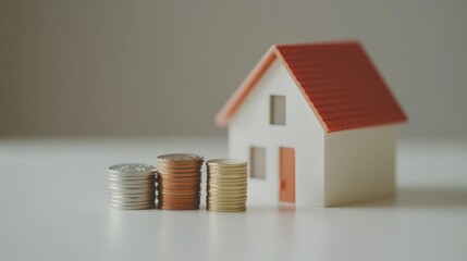 A detailed close-up of a miniature house model next to a stack of coins on a clean white table, illustrating the concept of property investment and financial planning.