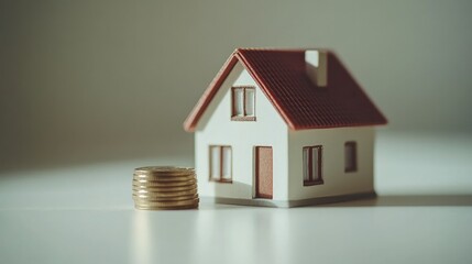 A detailed close-up of a miniature house model next to a stack of coins on a clean white table, illustrating the concept of property investment and financial planning.