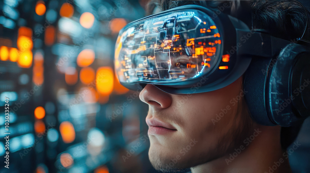 Poster a man wearing a futuristic vr headset with a brain scan visible. a scene highlighting virtual realit