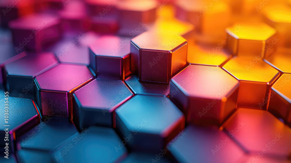 Poster a colorful array of hexagonal blocks arranged in a gradient, representing vibrant abstract art and m